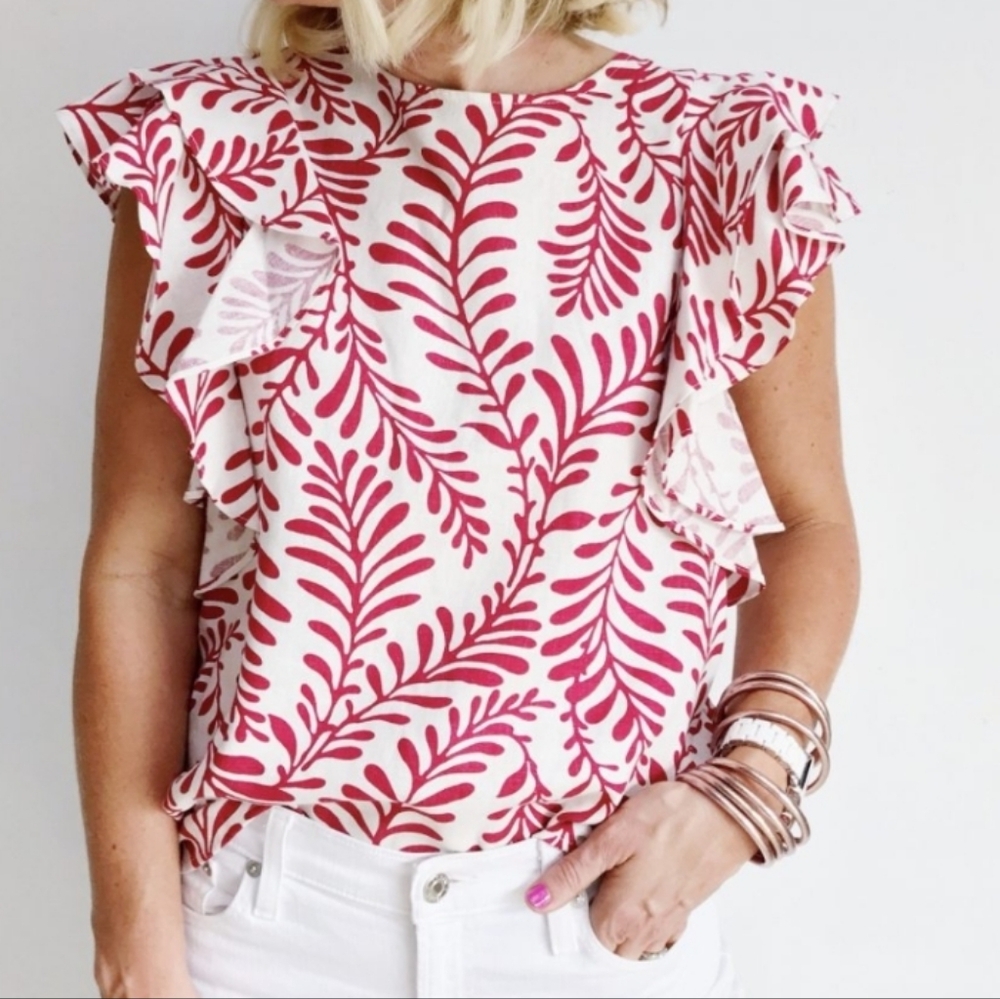 WHO WHAT WEAR Floral Linen Blend Blouse Top Size Small